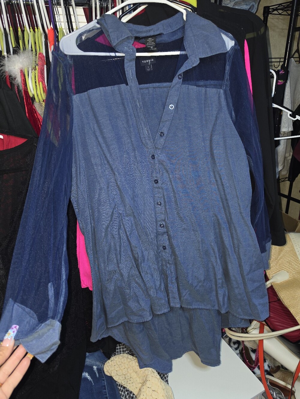 Ashley Stewart Navy Sheer Button-Front Blouse 18
